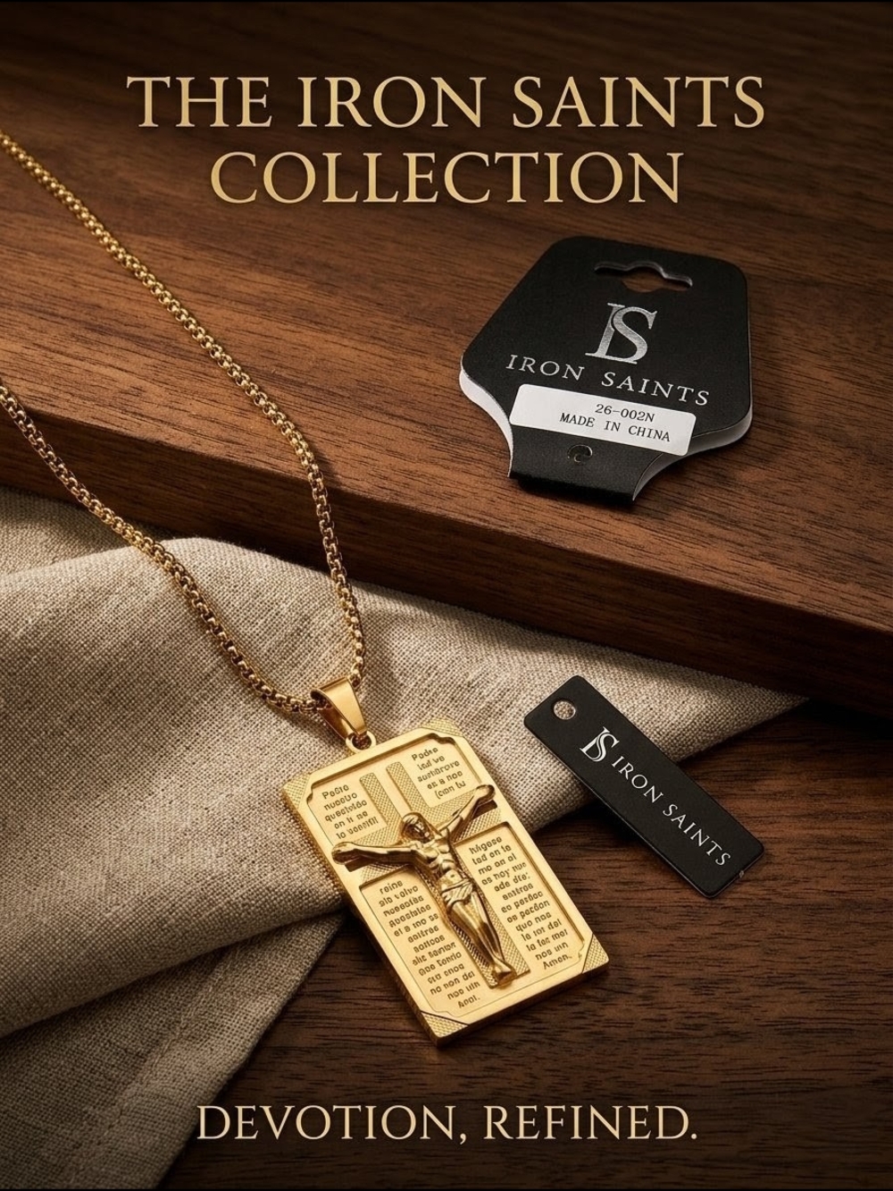 Iron Saints Gold Plated Stainless Steel Rectangular Crucifix Pendant Necklace